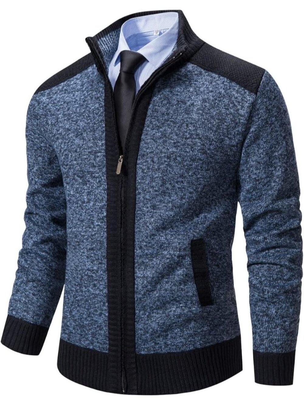 🆕Men's Blue Cardigan Sweaters Full Zip Knitted Zipper Stand Collar Business